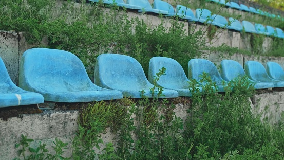Row of Blue Dirty Empty Plastic Seats on Abandoned Stadium Tribune Overgrown with Plants and Weeds