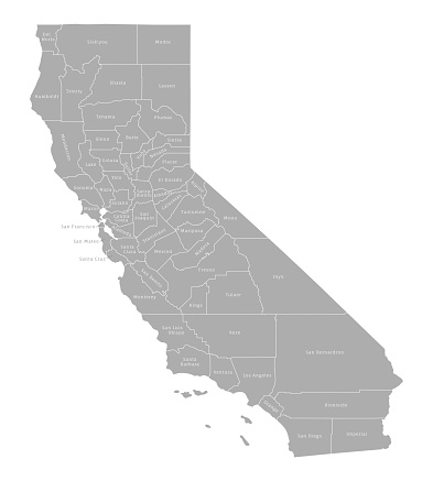 Highly detailed gray map of California, US state. Administrative map of Californian with territory borders and counties names labeled realistic vector illustration