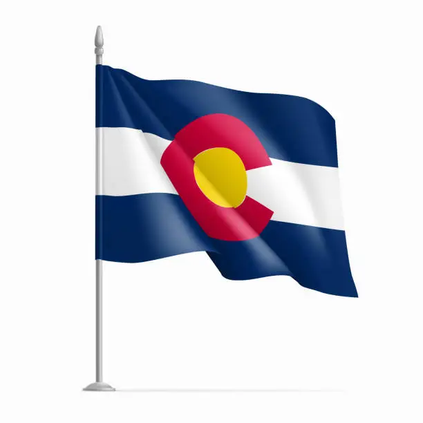 Vector illustration of Colorado US state flag on flagpole waving in wind