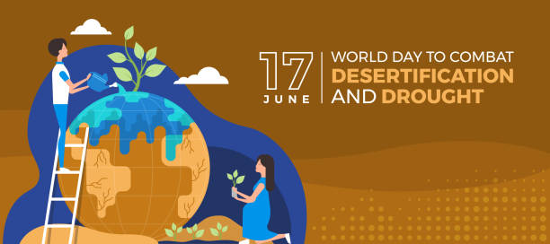 istock World Day to Combat Desertification and Drought - People are planting trees and watering the barren globe world to hydrate again vector design 1401485988