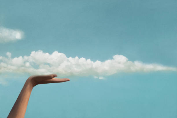 surreal moment between a cloud and a hand of a person vector art illustration