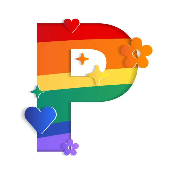 Vector illustration of P Alphabet Character Font Letter Abstract White Lively Flower Heart Sparkle Shine Pride Month LGBTQIA+ Rainbow ​Colorful Red Orange Yellow Green Blue Violet 3D Paper Cutout Card Vector Illustration