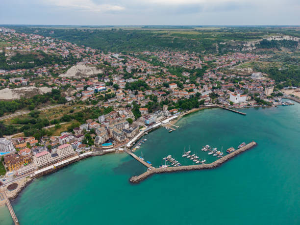 Aerial view of The town of Balchik on the Black sea coast, Bulgaria. stock photo