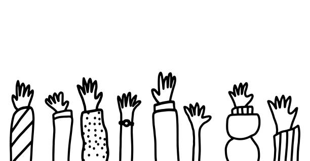 Hands raised up simple doodle drawing. Vector border illustration isolated on white background. Teamwork business concept. Hands raised up simple doodle drawing. Vector border illustration isolated on white background. Teamwork business concept. voting drawings stock illustrations