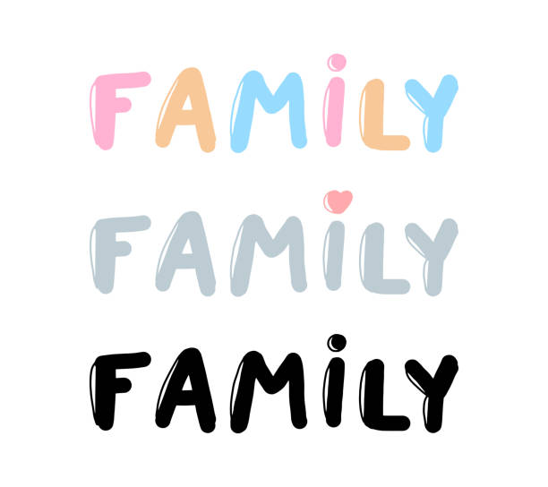 Family word colorful phrase lettering. Colorful doodle handwritten font. Family word colorful phrase lettering. Colorful doodle handwritten font. family word art stock illustrations