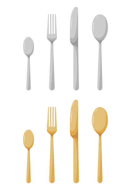 Spoon, knife and fork dishware isolated on white background icon set. Cartoon silver and gold kitchen eating tools silhouette. Flat style vector illustration. Spoon, knife and fork dishware isolated on white background icon set. Cartoon silver and gold kitchen eating tools silhouette. Flat style vector illustration. eating utensil stock illustrations