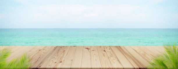 istock Palm leaves with wooden on sea. 1401491307