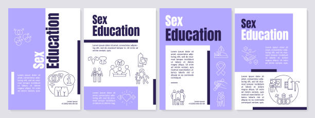 Sex education explanation purple brochure template Sex education explanation purple brochure template. Bodily development. Leaflet design with linear icons. Editable 4 vector layouts for presentation, annual reports. Anton, Lato-Regular fonts used family planning together stock illustrations