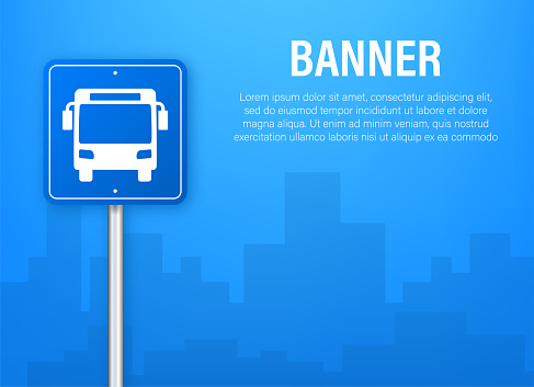 Blue banner with bus station. Vector line illustration. Vector flat illustration.