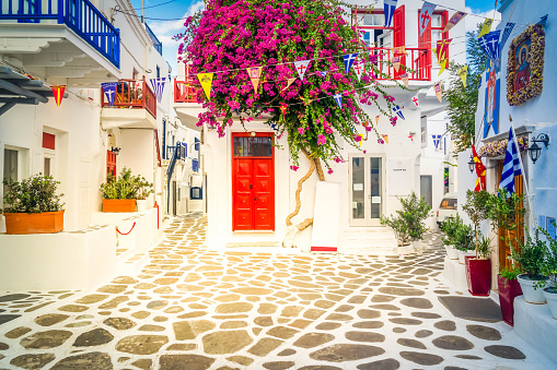typical coloful white street of Mykonos island, Greece