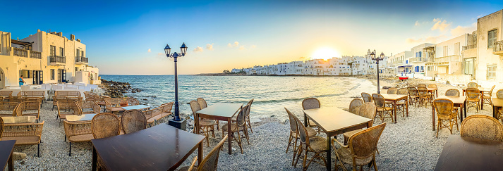 Naoussa town waterfront at harbour, beautiful Greek islands, Paros Greece, wide web panorama