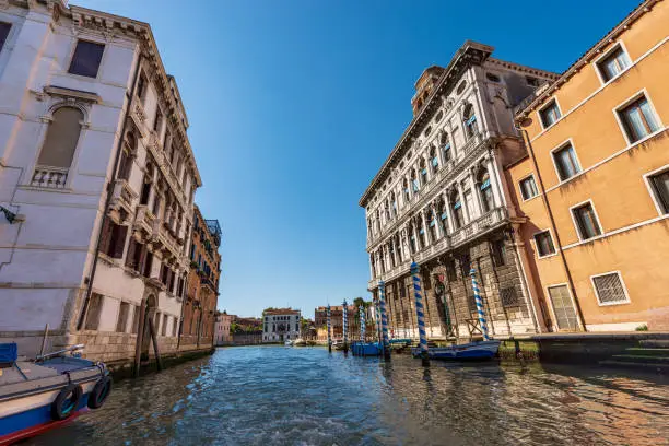 Venice cityscape view from a ferry. Cannaregio Canal and Grand Canal (Canal Grande) with ancient palaces, UNESCO world heritage site, Venetian lagoon, Veneto, Italy, Europe.