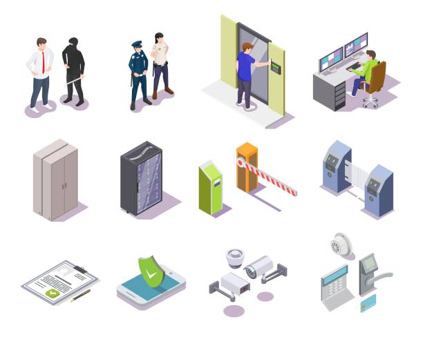 illustrations, cliparts, dessins animés et icônes de système de contrôle d’accès ensemble de vecteurs isométriques 3d - service de sécurité