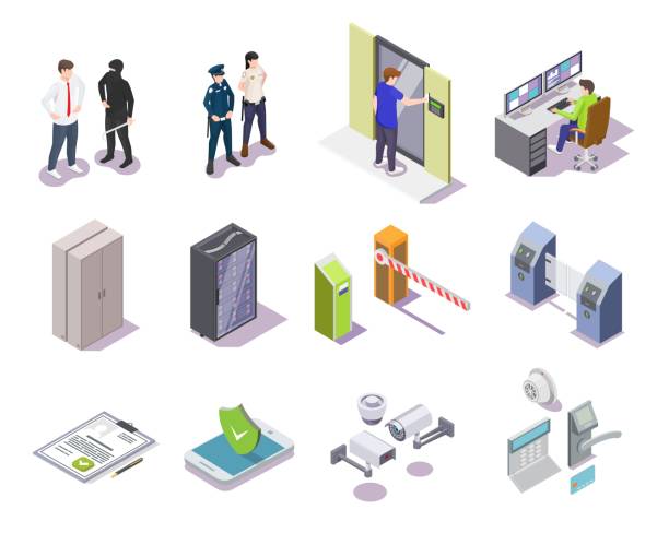 ilustrações, clipart, desenhos animados e ícones de conjunto de vetorial isométrico do sistema de controle de acesso - security system illustrations