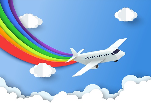istock Airplane in sky drawing rainbow over cloud vector 1401493524