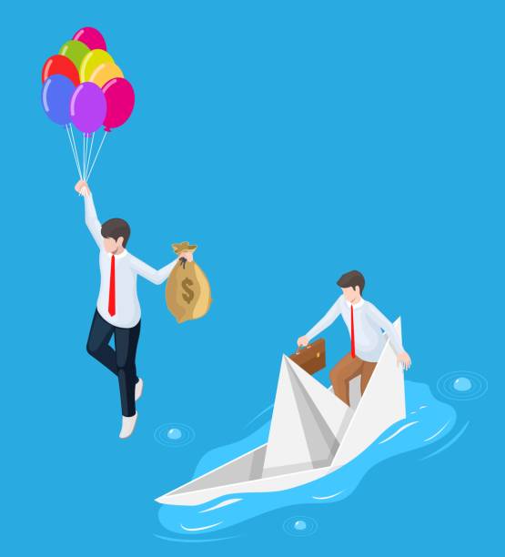 Business partner or boss escape from sinking boat Business partner or boss escape from sinking paper boat vector. Entrepreneur with money bag leaving colleague illustration sinking ship images stock illustrations