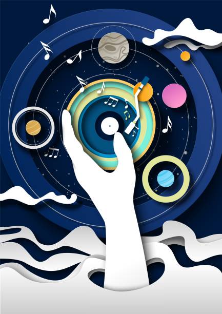 Electronic music advertising paper cut poster Electronic music advertising poster. Vinyl CD, music note, dj hand creative paper cut art craft illustration. Disco festival entertainment, pop0-music party concert promotion origami hand stock illustrations