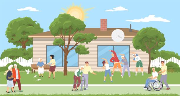 ilustrações de stock, clip art, desenhos animados e ícones de nursing home illustration vector old people, carer - lifestyles residential structure community house