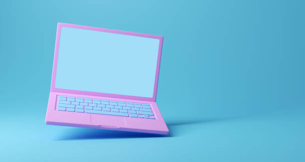 istock Pink laptop on blue background. Two clipping paths included. 3D render. 1401493697