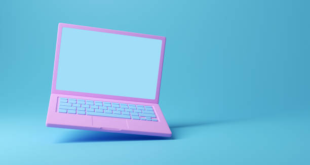 Pink laptop on blue background. Two clipping paths included. 3D render. stock photo