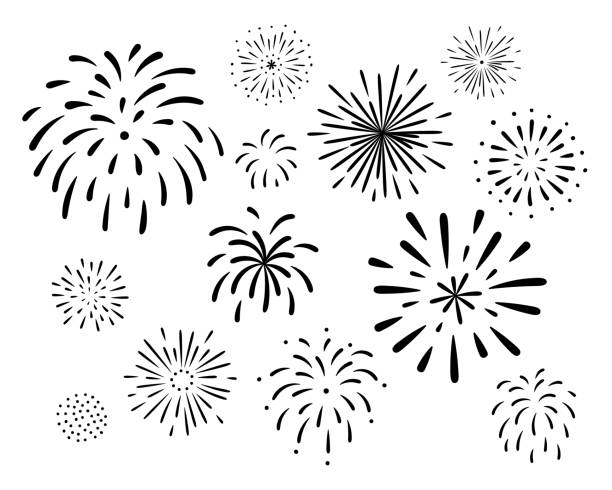 Fireworks background in flat design. Fireworks background in flat design.
This set includes various shapes of fireworks.
It can be used as a summer or event material. black and white party stock illustrations