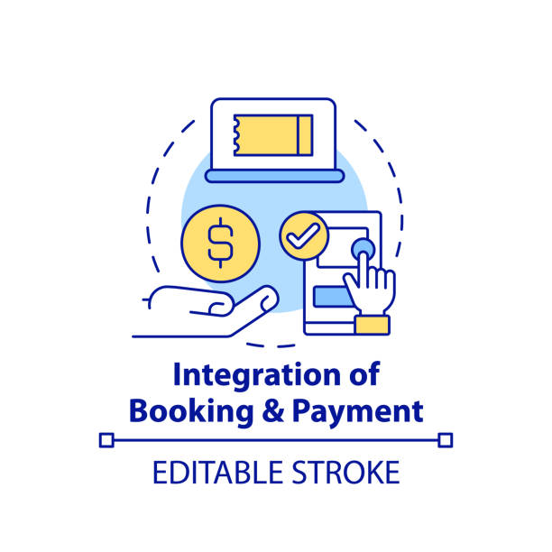 Integration of booking and payment concept icon Integration of booking and payment concept icon. Mobile app. Maas integration level abstract idea thin line illustration. Isolated outline drawing. Editable stroke. Arial, Myriad Pro-Bold fonts used payment solution stock illustrations