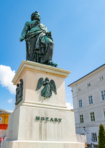 Mozart statue in Salzburg, Austria on a bright spring morning.