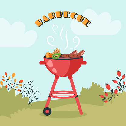 BBQ party. Barbecue background with brazier, grill, steaks, meat food, grilled vegetables at home. Vector cartoon illustration for banner, holiday card, summer picnic, flyer, advertisement, poster