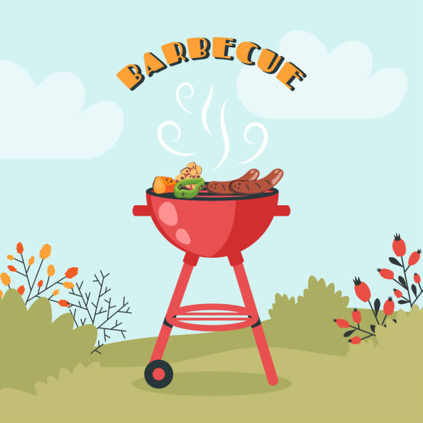 BBQ party. Barbecue background with brazier, grill, steaks, meat food, grilled vegetables at home. Vector cartoon illustration for banner, holiday card, summer picnic, flyer, advertisement, poster BBQ party. Barbecue background with brazier, grill, steaks, meat food, grilled vegetables at home. Vector cartoon illustration for banner, holiday card, summer picnic, flyer, advertisement, poster backyard background stock illustrations