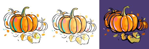 Set of colorful pumpkins with autumn leaves. Black outline and colored spots. Sketch style. Image isolated on white and purple background. Set of colorful pumpkins with autumn leaves. Black outline and colored spots. Sketch style. Image isolated on white and purple background. Vector. nature clipart stock illustrations