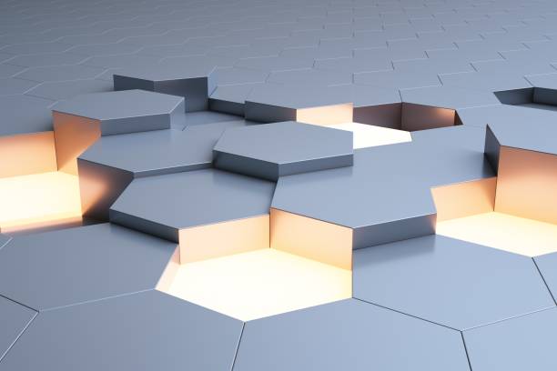 istock Background of Hexagons Backlit with yellow Light, 3d render 1401498501