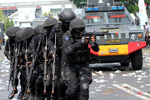 indonesian special police Brimob shows ability to overcome terrorist attacks in a simulation of election security in Bengkulu City, Indonesia, February 13, 2014