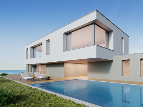 3d rendering of modern luxury beach house with wood terrace and swimming pool on sea background.