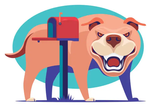 Vector illustration of angry dog standing behind mailbox