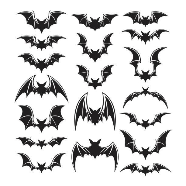 ilustraciones, im�ágenes clip art, dibujos animados e iconos de stock de conjunto de siluetas de murciélagos - bat halloween silhouette wing