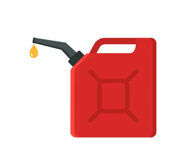Vector illustration of Can of fuel. Canister with gasoline. Red jerrycan with fuel. Icon of jerry for diesel and petrol. Plastic bottle for car. Flat cartoon icon. Vector