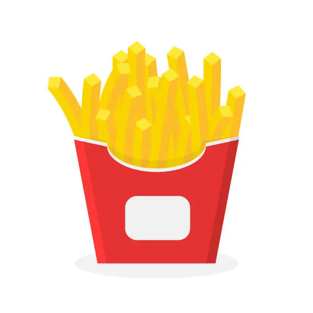 Vector illustration of French fries. Fried fries. Fried potato in red box. Flat icon for food, fastfood and snack. Red pack with fry salty potato. Cartoon illustration. Vector