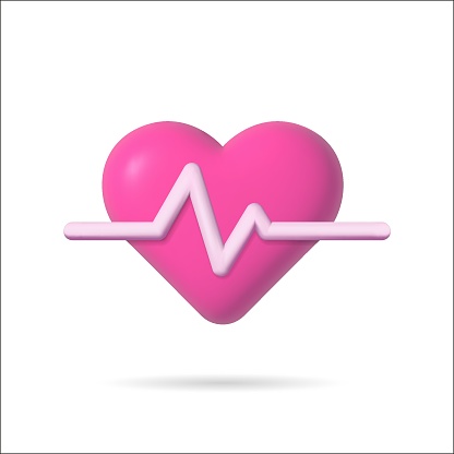 3d heart with pulse rate. 3d heart icon with pulse. Icon with heartbeat for ecg. Design element for health, disease, love, care of human and doctor. Isolated on white background. Vector.