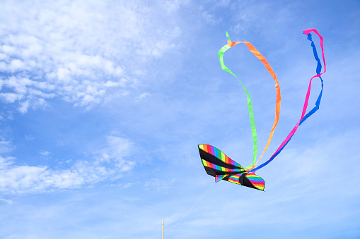 Young smiling boy close portrait stand holding many colorful kites in hand over blue sky wearing sunglasses