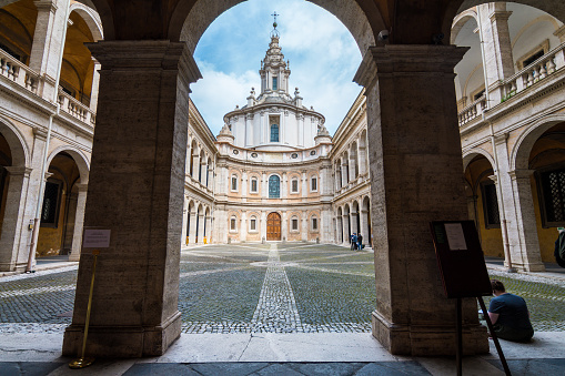 rome, italy. 10th april, 2022: courtyard of chiesa sant ivo alla sapienza church in rome, italy