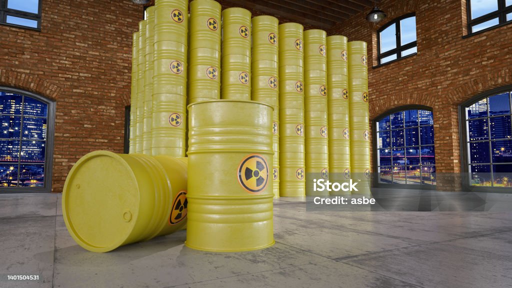 Storage of Yellow Barrels with Nuclear Toxic Waste Storage of Yellow Barrels with Nuclear Toxic Waste. 3D Render Nuclear Energy Stock Photo