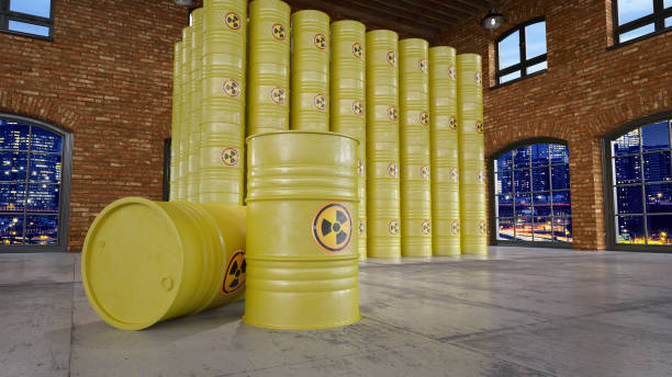 storage of yellow barrels with nuclear toxic waste - toxic waste toxic substance drum barrel imagens e fotografias de stock