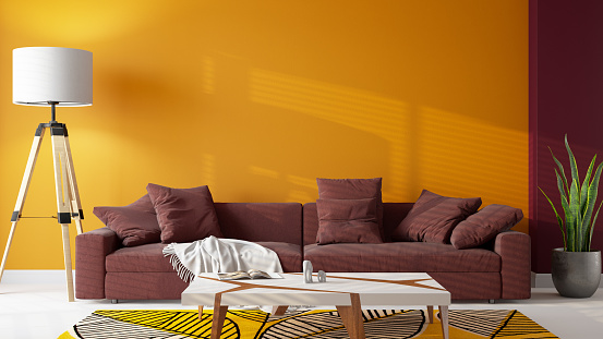 Modern Living Room interior with Red Sofa and Yellow Wall. 3D Render