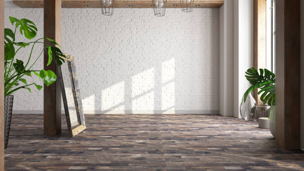 istock Unfurnished Room with Sunlight Empty Brick Wall and Green Plants 1401505274