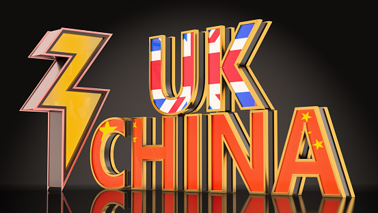 UK vs China Concept with Neon Lightning British Flag and Chinese Flag. 3D Render