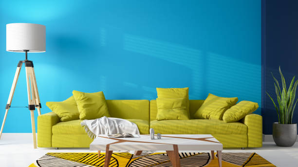 istock Modern Living Room Interior with Yellow Stylish Sofa and Empty Blue Chair 1401505443