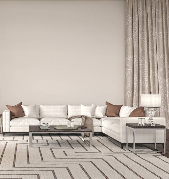 istock Living room interior design. Hampton style. Mockup white wall in luxury home background. 3d render illustration. 1401505490