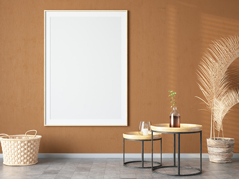 Empty Picture Frame with Beige Wall and Accessories. 3D Render