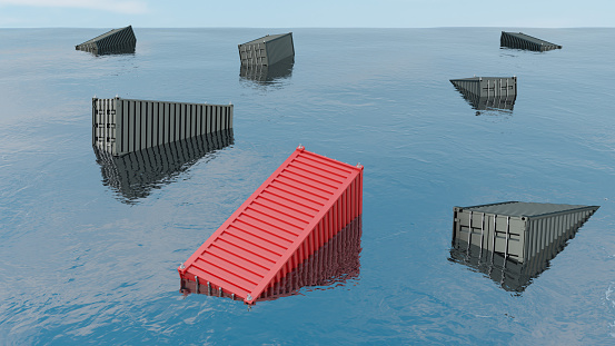 Shipping Cargo Containers Floating in the Ocean. 3D Render