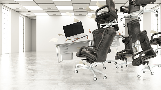 Computer Monitor, Keyboard And Office Tools Are Flying In The Air With Zero Gravity Concept In The Workspace. 3D Render